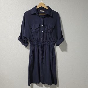 Francesca Bettini Italy 100% Linen Blue Roll Sleeve Collar Lagenlook Dress Small